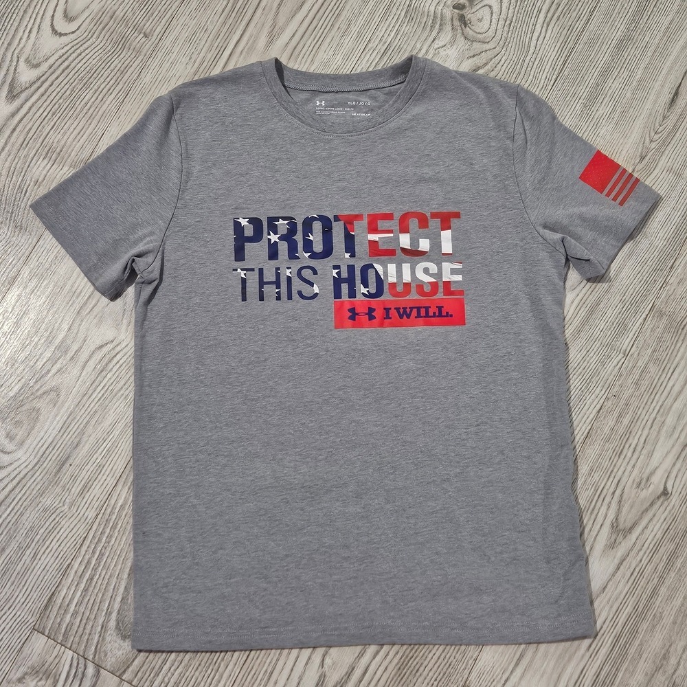 Under Armour Grey Tshirt - Protect This House I Will - Boys Size Large YLG